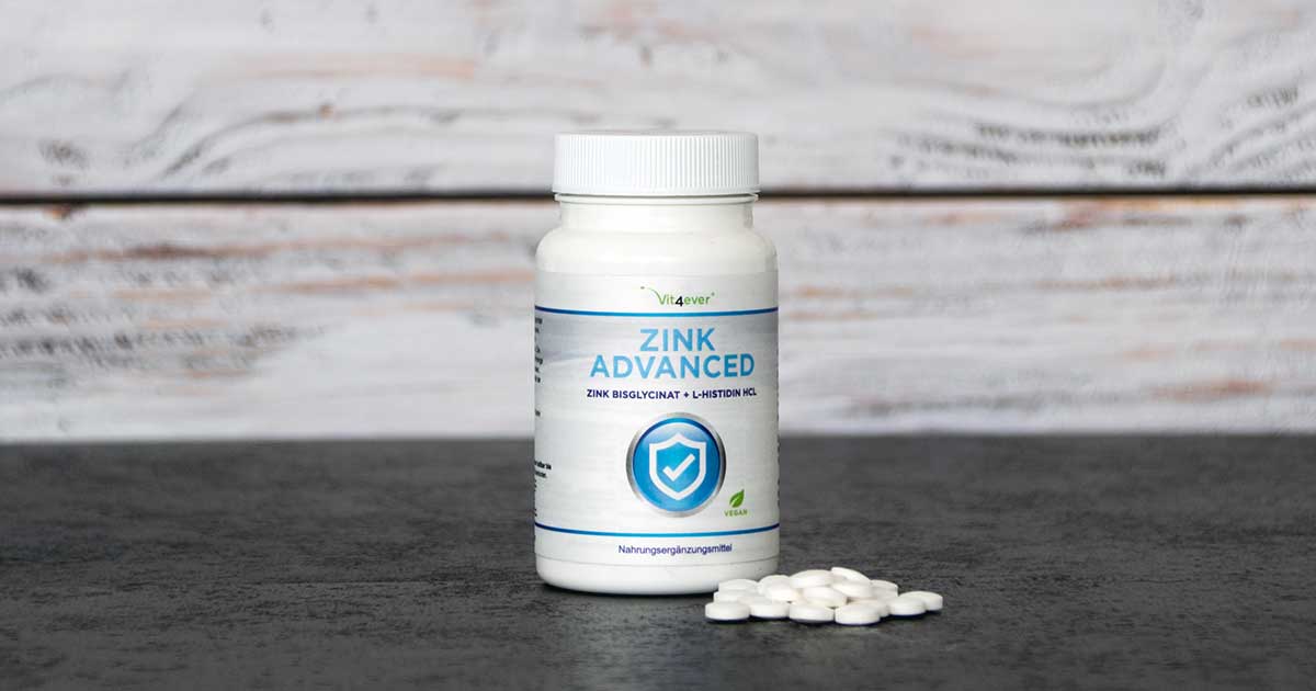 Bild zeigt vit4ever zink advanced Dose und einzelne Tabletten