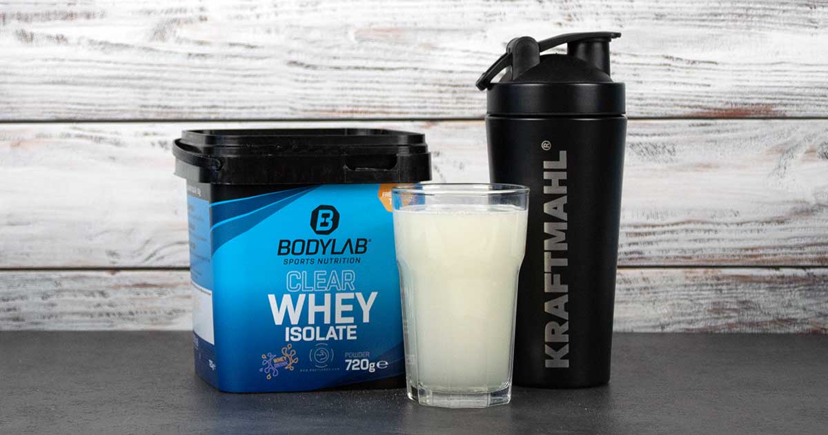 Bild zeigt Bodylab Clear Whey und Kraftmahl-Shaker